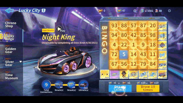 a screenshot of a game called lucky city shows a car and a bingo board