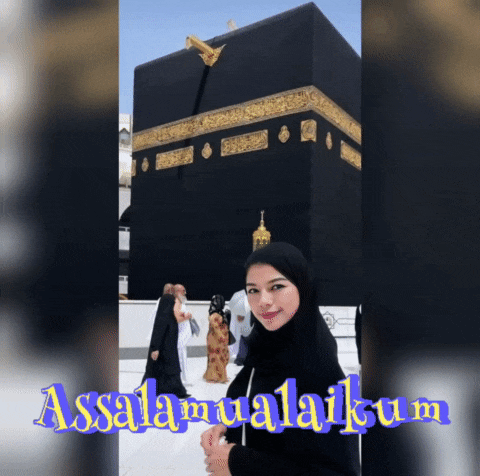 a woman in a hijab stands in front of a kaaba with the words " assalamualaikum " below her