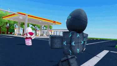 a cartoon character is walking in front of a gas station