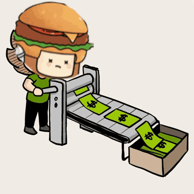 a cartoon character with a hamburger on his head is working on a conveyor belt with dollar bills on it