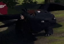 a black dragon with a saddle on its back is standing in a field .