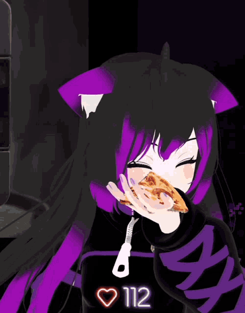 a girl with purple hair is eating a slice of pizza with a heart 112 next to her