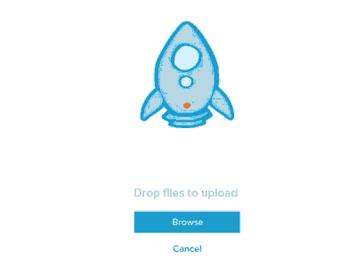 a blue rocket with the words drop files to upload on it