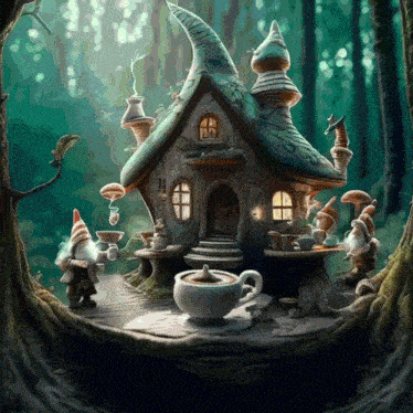 a painting of gnomes in front of a house