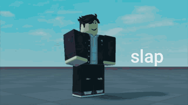 a roblox character is standing in front of a blue sky and the word slap is on the bottom