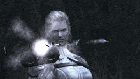 a video game character is holding a gun in a black and white scene