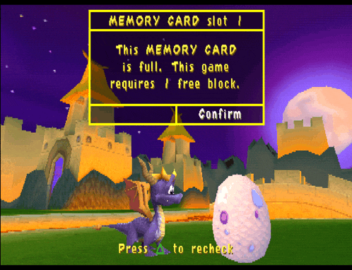a video game screen shows a memory card slot and a dragon