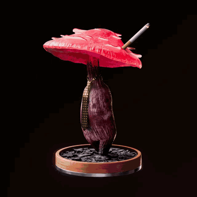 a statue of a mushroom smoking a cigarette
