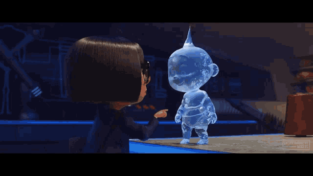 a cartoon character is pointing at a statue of ice