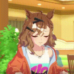 a cartoon girl with horse ears is sitting at a table .