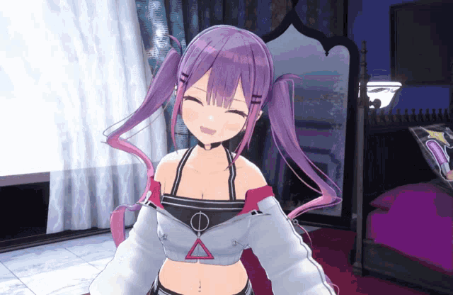 a girl with purple hair and a triangle on her chest smiles