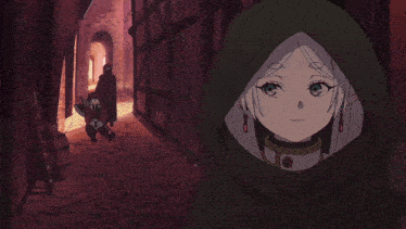 a woman in a green hooded jacket stands in a hallway