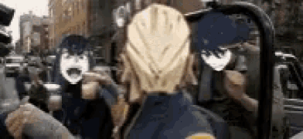 a group of anime characters are sitting in a car talking to each other .