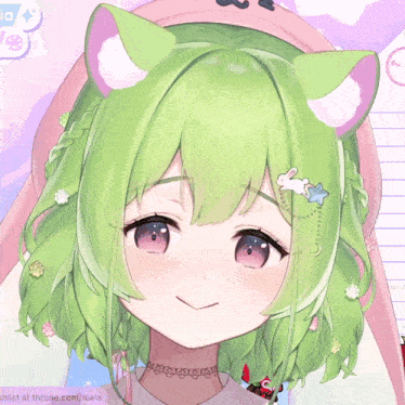 a close up of a girl with green hair and a choker