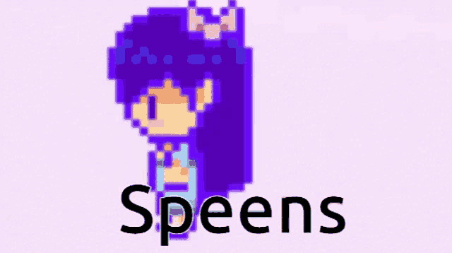 a pixel art of a girl with purple hair and the word speens below her