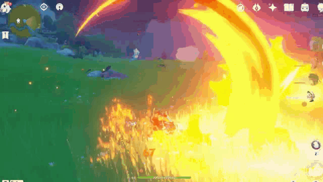 a video game is being played on a cell phone and there is a large explosion in the background .