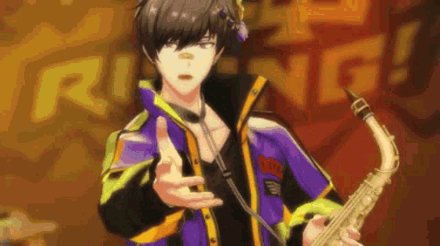 a man in a purple jacket is holding a saxophone in front of a sign that says ring