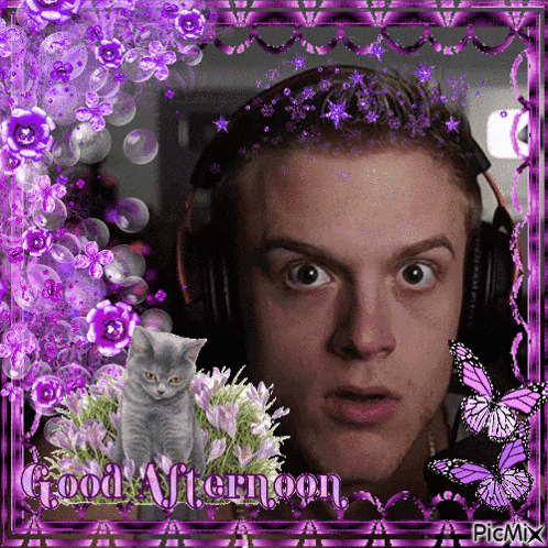 a man wearing headphones is surrounded by purple flowers and butterflies with the words good afternoon written below him