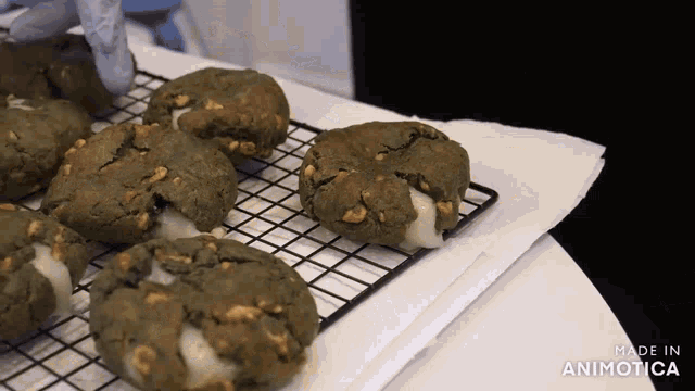a bunch of cookies are sitting on a cooling rack and the words made in animatica are on the bottom