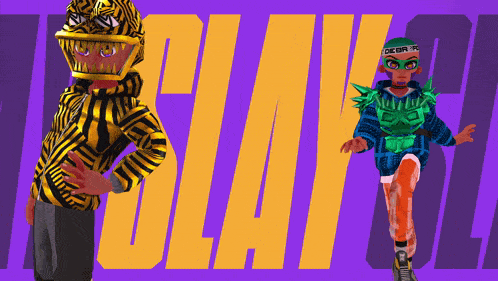 two cartoon characters are standing in front of a purple and yellow background that says clay