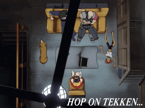 a group of people are sitting on a couch with the words hop on tekken below them