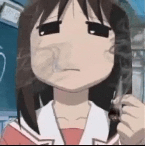 a cartoon girl is smoking a cigarette and making a face .