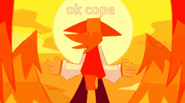 a cartoon character is standing in front of a sun and the words ok cope are above him