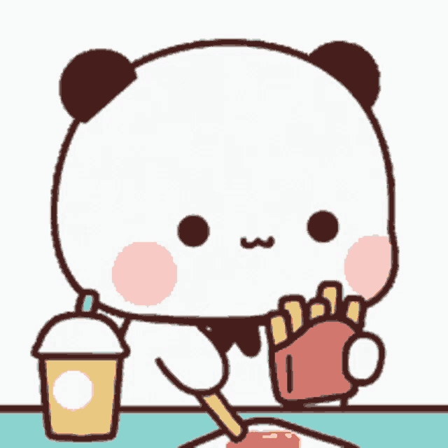 a cartoon panda bear is sitting at a table eating french fries and drinking a cup of coffee .