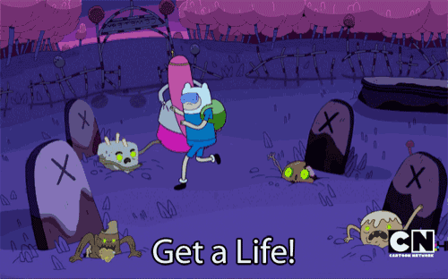 a cartoon of finn and finna from adventure time running through a cemetery