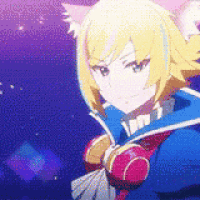 a close up of a anime girl with yellow hair and a blue coat .