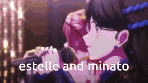 a anime girl singing into a microphone with the words estelle and minato written below her