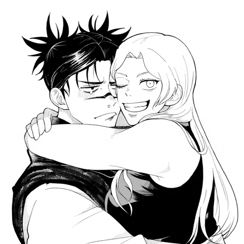 a black and white drawing of a woman hugging a man