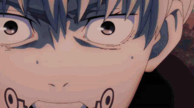 a close up of a person 's face with a circle in the mouth