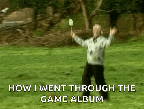 a man is holding a badminton racket in a grassy field with the words how i went through the game album below him