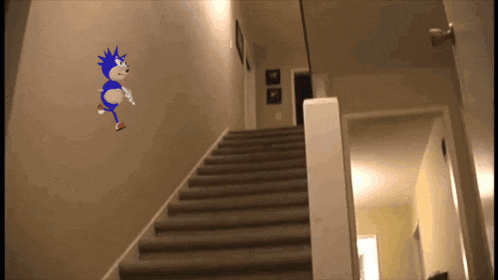 a cartoon of sonic the hedgehog running down a set of stairs in a house