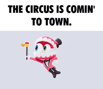 a cartoon character holding a cane with the words the circus is comin ' to town below it