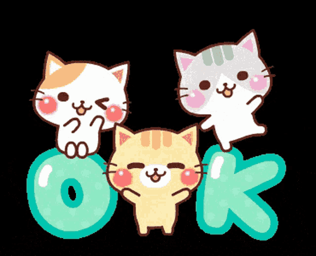 three cartoon cats are standing next to the word ok on a green balloon