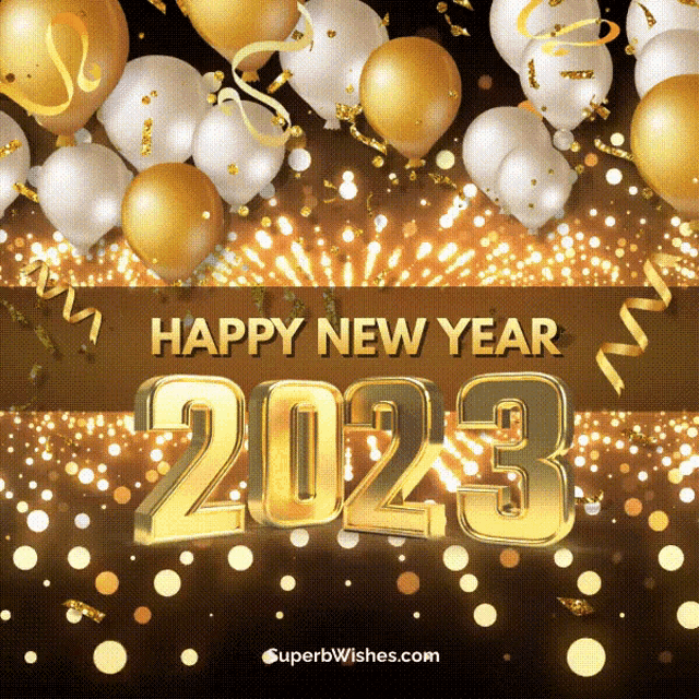 a happy new year 2023 greeting card with balloons and fireworks
