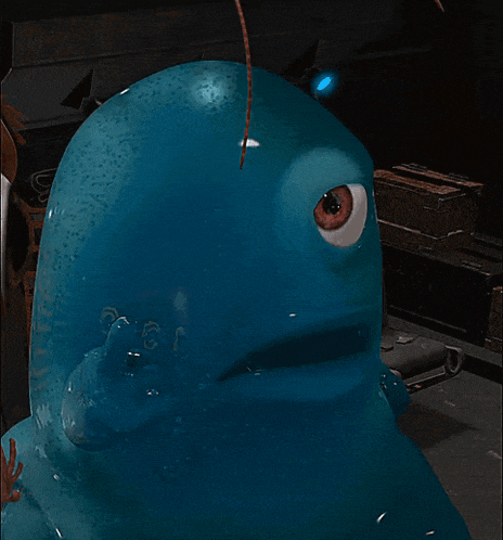 a blue cartoon character has a big eye