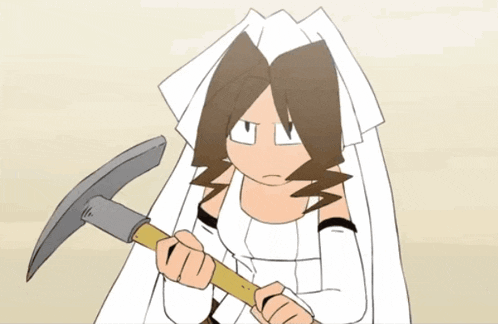 a cartoon drawing of a woman holding a large axe