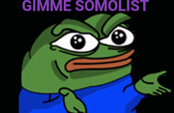 a cartoon of a green frog with the words gimme somolist written on the bottom
