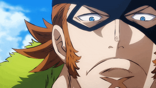 a close up of a cartoon character wearing a mask with blue eyes