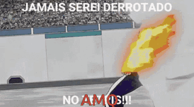 a cartoon of a person with flames and the words " jamais serei derrotado "