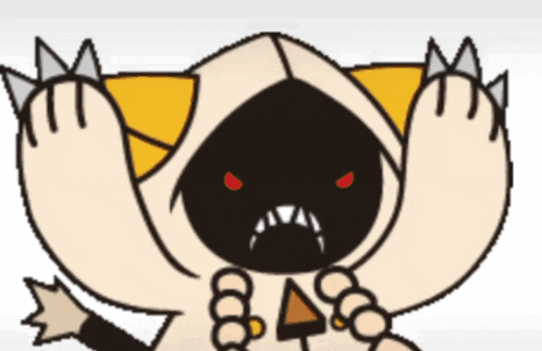 a cartoon drawing of a monster with red eyes and a hood