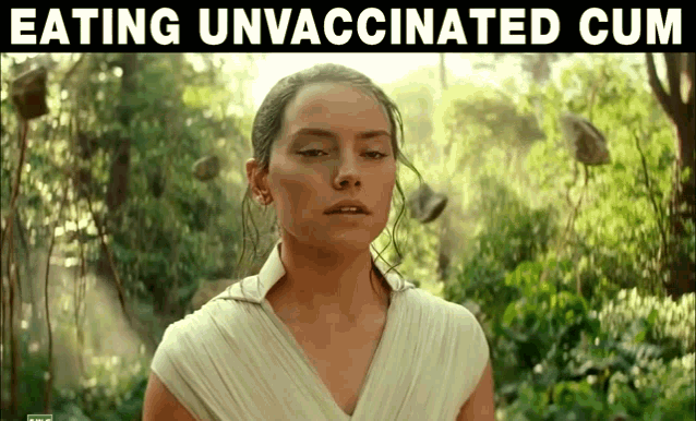 a woman in a white dress is standing in a forest with a caption that says eating unvaccinated cum .