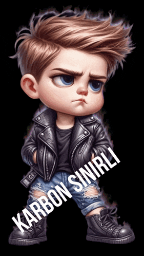 a cartoon of a boy wearing a leather jacket and jeans with the words karbon sinirli below him