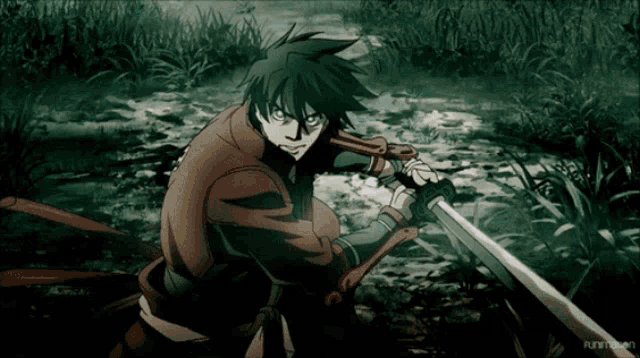 a man holding a sword in a swamp with funimation written on the bottom right