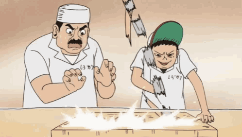 a cartoon drawing of a man and a boy with the word l on their shirts