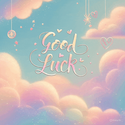 a blue sky with pink clouds and the words good luck written on it