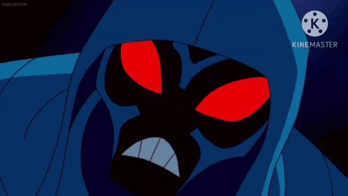 a cartoon character with red eyes and a blue hood is being animated by kinemaster